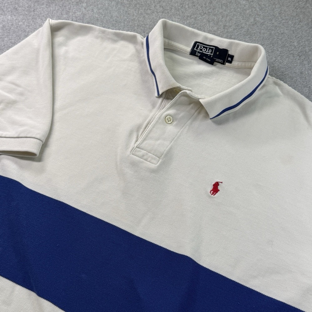 Y2K Polo by Ralph Lauren Colorblock‎ Polo Shirt XL Cream Navy Stripe Vintage
